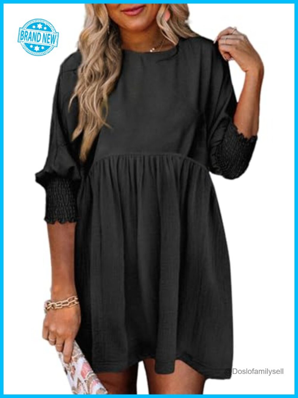 Dokotoo Womens Babydoll Mini Dress 3/4 Sleeve Lantern Ruffle Hem Polyester
